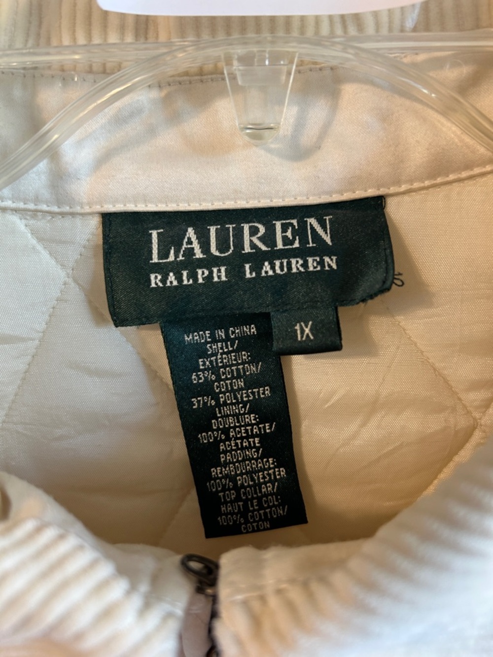 Lauren Ralph Lauren Cream Quilted Puffer Jacket with Corduroy Collar #052 - Picture 2 of 14